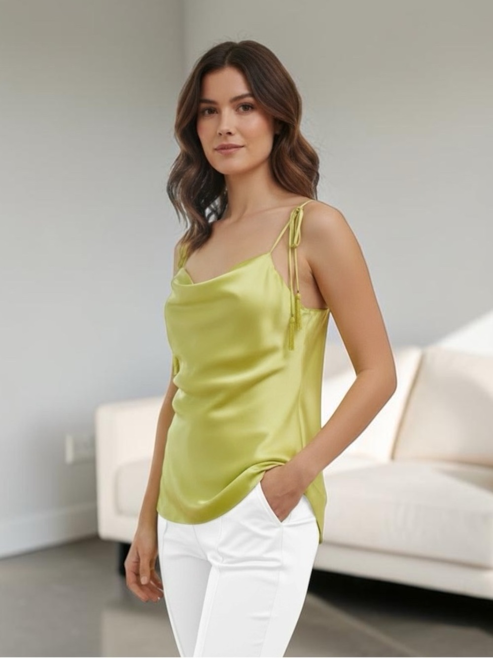 NWT Cinq a Sept Beaded Tassle Silk Camisole Tank Keylime Green XS Draped Neck